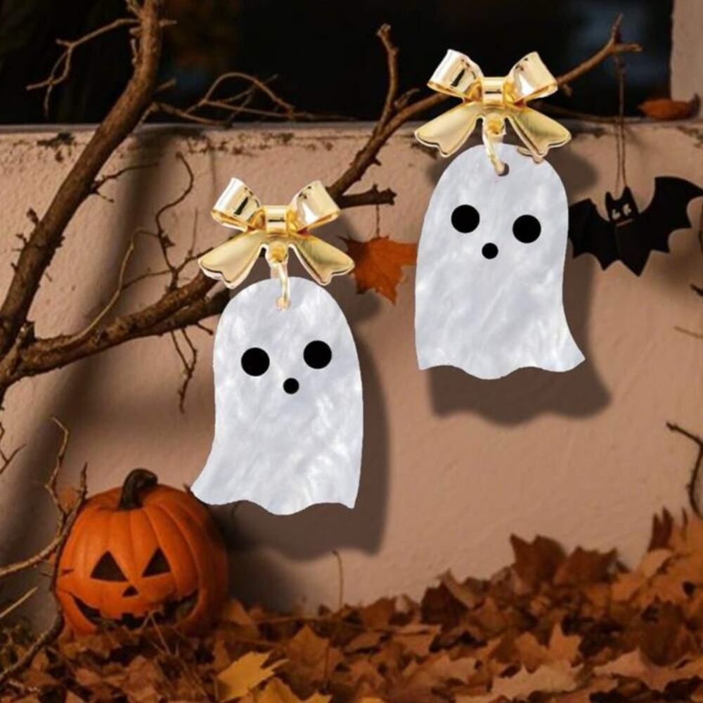 White Pearlescent Halloween Ghost With Bow Dangle Earrings